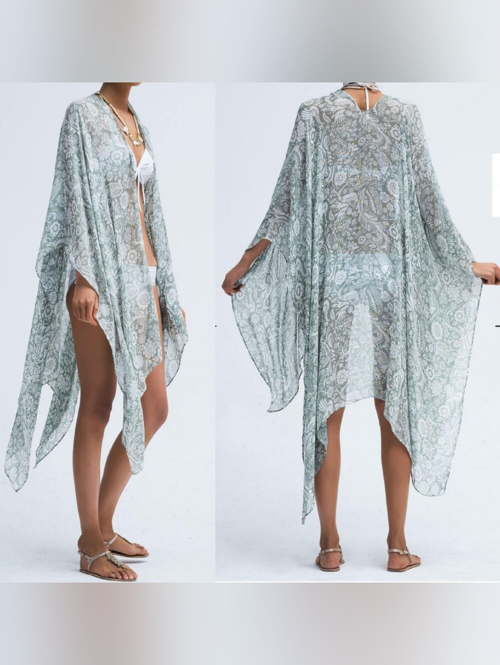 Moss Rose Birdy Sage Print Kimono Beach Swim Cover Up Duster Topper Cardigan